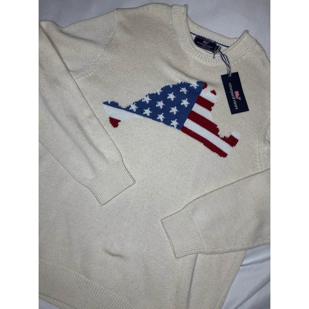 Vineyard Vines Rollneck Sweater Powder White USA Flag Logo Large NWT $228